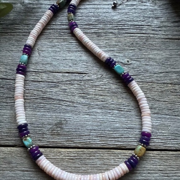 Southwestern Sterling Silver Pink Conch Multi Stone Bead Necklace. 18 Inch - Picture 3 of 12